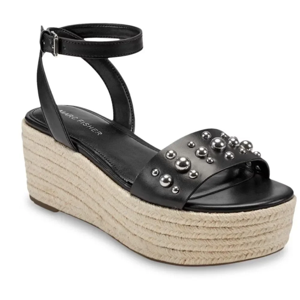Marc Fisher Joyce Black Stud Espadrille Open Toe Wedge Platforms Sandals Sz 8